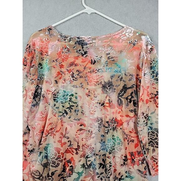 Clint Honolulu Colorful Tropical Floral 3/4 Sleeve Blouse Large Stretch Sheer - Picture 7 of 12